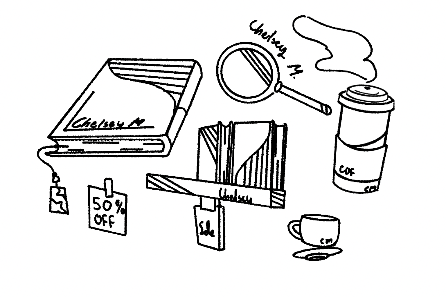 A hand-drawn illustration of a journal, books, magnifying glass, and coffee — the tools of a storyteller